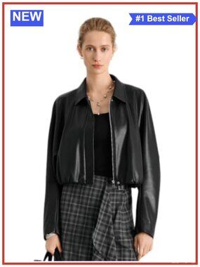 Faux Leather Cropped Jacket Elastic Hem Long Sleeve Coat
